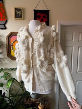 Vintage 80’s Women's Wool and Angora Ivory Pom-Pom Embellished Cardigan Sweater